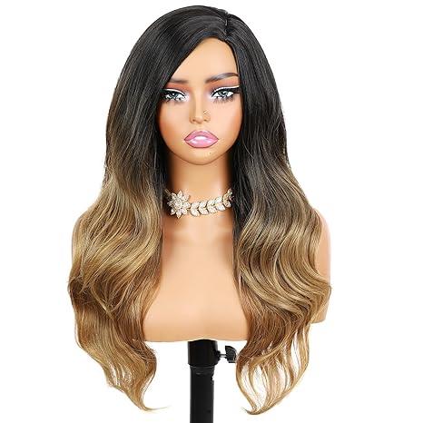 Ombre Wigs Black to Light Brown Side Part Long Wavy Wig Heat Resistant Synthetic Daily Party Wig for Women (Ombre Black to Light Brown)