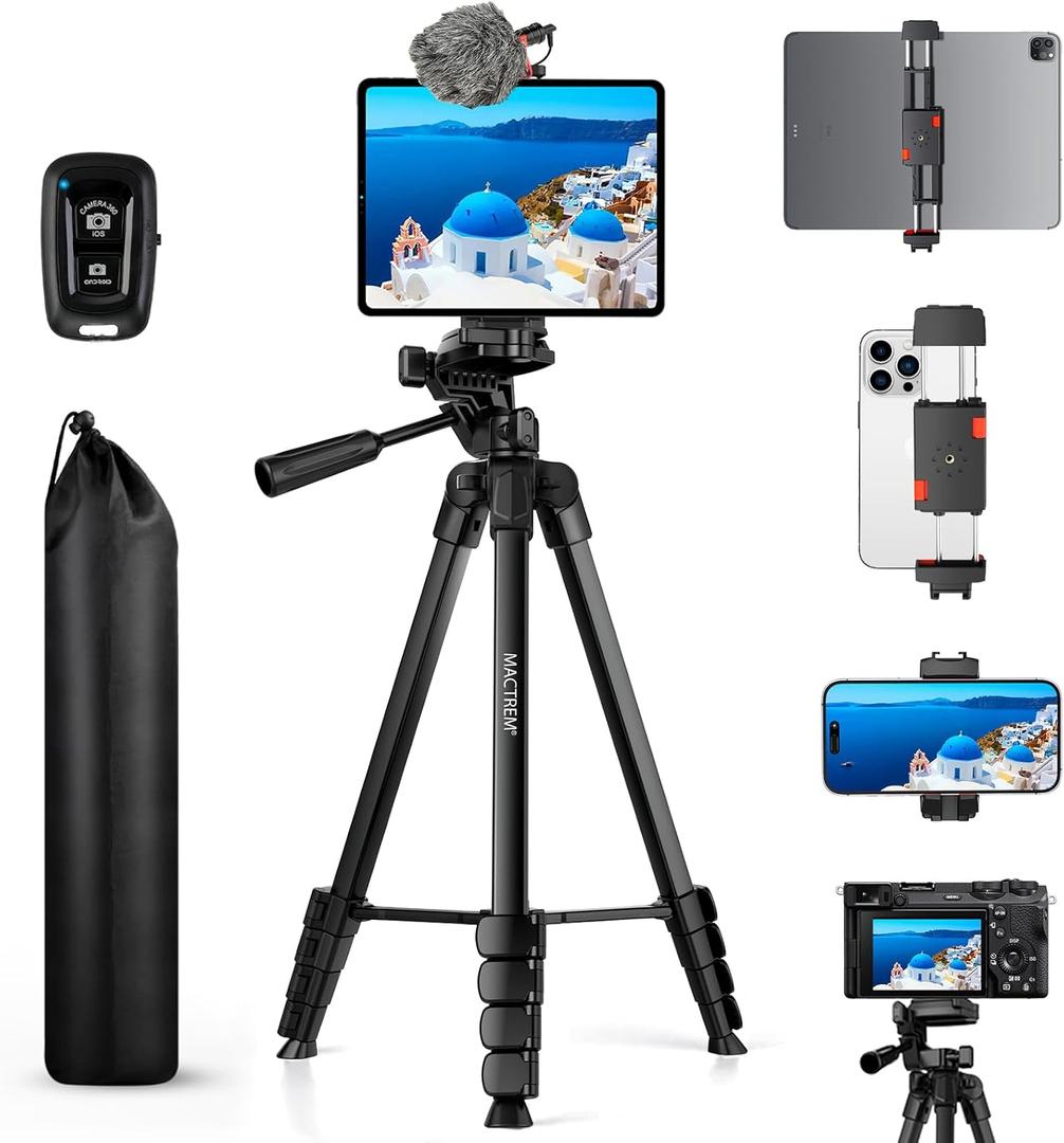 MACTREM iPhone iPad Tripod Stand, 67" Phone Tripod for iPad Tablet Camera with 2 in1 Holder Remote Carry Bag, Aluminum Extendable iPhone Stand for Video Recording/Selfies/Live Stream/Vlogging (Black)