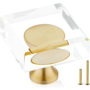 QOGRISUN 5-Pack Brass Crystal Cabinet Knobs,Glass Crystal Gold Drawer Knobs,1-1/8-Inch Square,Decorative Dresser Pulls, Modern Cabinet Hardware