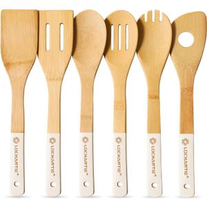 Wooden Spoons for Cooking Bamboo Utensils Set (6 Pieces) - Essential Tools Wooden Spatula & Spoons for Everyday Stirring, Mixing, Flipping & Serving, Gentle on Nonstick Cookware, White