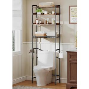 Quikraen 4 Tier Over The Toilet Storage Shelf with 3 Adjustable Shelves, Space Saver Bathroom Organizer with 4 Hooks, Freestanding Above Toilet Rack for Restroom Laundry (Brown), 60*24*177cm