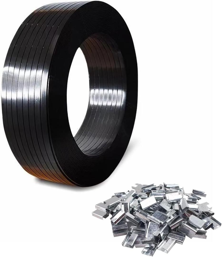 Packaging Strapping Banding Coil 1000ft x5/8x 0.035" PET Strapping Roll 1500lb Heavy Duty Industrial Strength Rust-Resistant Black Plasitc Polyester Pallet Strapping & 100 Buckles
