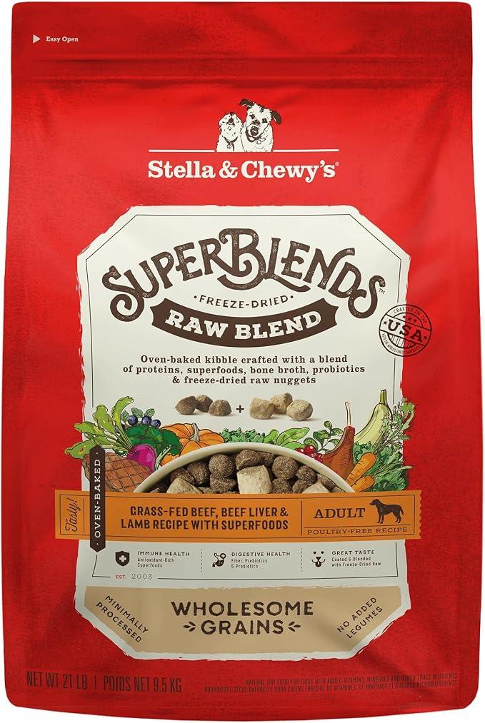 Stella & Chewy's SuperBlends Raw Blend Wholesome Grains Grass-Fed Beef, Beef Liver & Lamb Recipe with Superfoods, 21 lb. Bag BBD 08-20-26