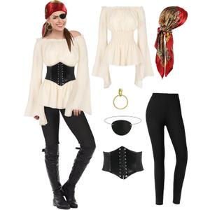 CICOCI Pirate Costume For Women With Accessories Renaissance Blouse Top Belt Headscarf Full Outfits (X-Large, Beige)