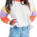miduo Womens Long Sleeve Tops Color Block Stitching Casual Loose Fit Crew Neck Shirts Blouses (White, XL)
