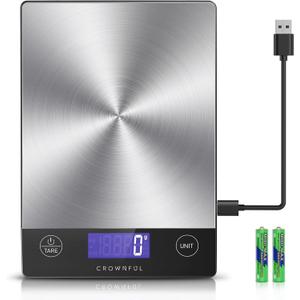 CROWNFUL Food Scale, Rechargeable 304 Stainless Steel Digital Kitchen Scale Upto 33lb Weight Grams and Ounces with LCD Display and Type-C Charging for Baking and Cooking