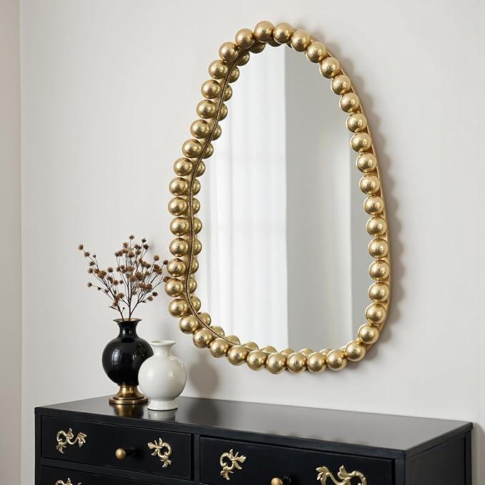 H HOMEWINS Irregular Wall Mirror, Gold Asymmetrical Boho Beads Modern Funky Unique Luxury Mirror for Bathroom, Bedroom, Living Room, Entryway, Fireplace, 20X30 inch