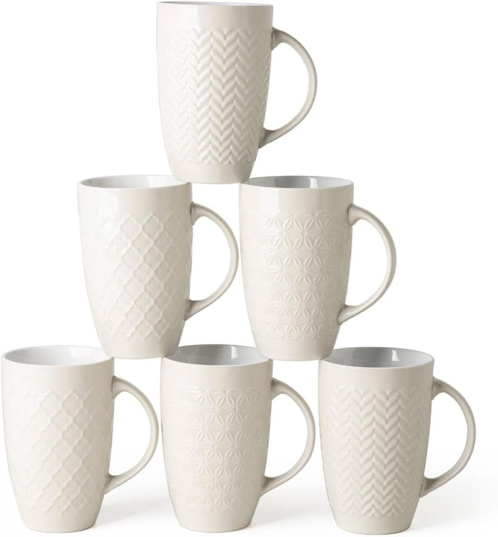 AmorArc Extra Large Coffee Mugs Set of 6, 20oz Ceramic Tall Coffee Mugs Set with Textured Geometric Patterns for Coffee/Tea/Beer/Hot Cocoa, Dishwasher & Microwave Safe,Beige