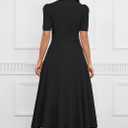 MarryUP Women's Midi Dresses - V Neck Cocktail & Church Tea Dresses - Short Sleeve A-Line Swing Dress (Black, XXL)