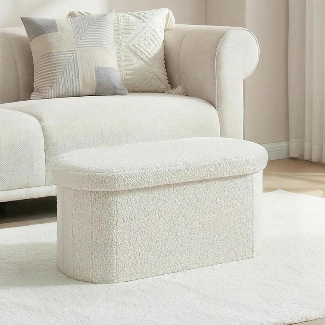 30 Inches Oval Ottoman with Storage, Boucle Sherpa Storage Ottoman Bench, Folding Foot Rest Chest for Bedroom Living Room, 30.1"D x 15"W x 15"H