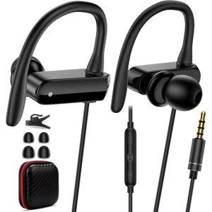 Wired Over Ear Earbuds with Microphone Ear Hook,3.5mm Sport Headphones Wired for Laptop/iPad/iPod/3.5mm Plug Cellphone,Earphones Noise Cancelling Headset for Chromebook/Switch/Galaxy/MP3 Running,Black