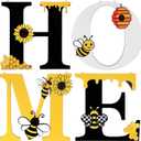 4 Pcs Bee Home Letters Wall Decor Wooden Bee Sign Wall Art Summer Decorations for Home Rustic Sunflower Hanging Art Farmhouse Hive Honeycomb Decorations for Living Room Kitchen Bedroom