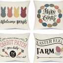 Ueerdand Easter Pillow Covers 16x16 Inch Set of 4 Farmhouse Bunny Decoration Egg Rabbit Decorative Pillow Cases for Sofa Couch