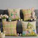 Happy Easter Gnomes Bunny Ears Eggs Easter Pillow Covers Throw Pillow Cases Set of 4 Decorations for Farmhouse Home Sofa Couch Cushion Cover Party Holiday Decor 18x18 Inch