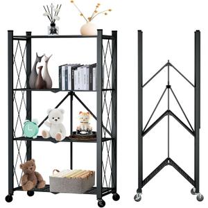 4 Tier Foldable Storage Shelf with Wheels, Heavy Duty Folding Shelf Loads 600 LBS, Metal Steel Collapsible Shelves, Rolling Standing Utility Rack for Kitchen, Pantry, Office, Black