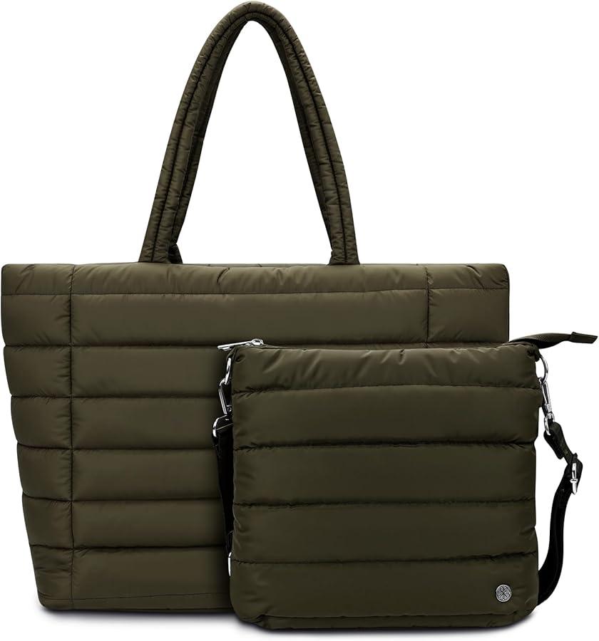 [2-in-1 Set with FREE Crossbody] Puffy Tote Bag for Women, Large Quilted Shoulder Bag with Wide 3.9 CM Adjustable Strap, Lightweight Casual Purse for Shopping, Weekend, Travel(OLIVE)