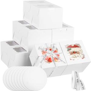 JCD 48pcs Bakery Boxes with Window,6x6x5in Small Bento Cake Box, Mini Cake Boxes sets cake within 6'' (24 Boxes & 24 Boards), Package for Pastries, Cupcakes, Birthday, Wedding(6 * 6 * 5inch/24sets)