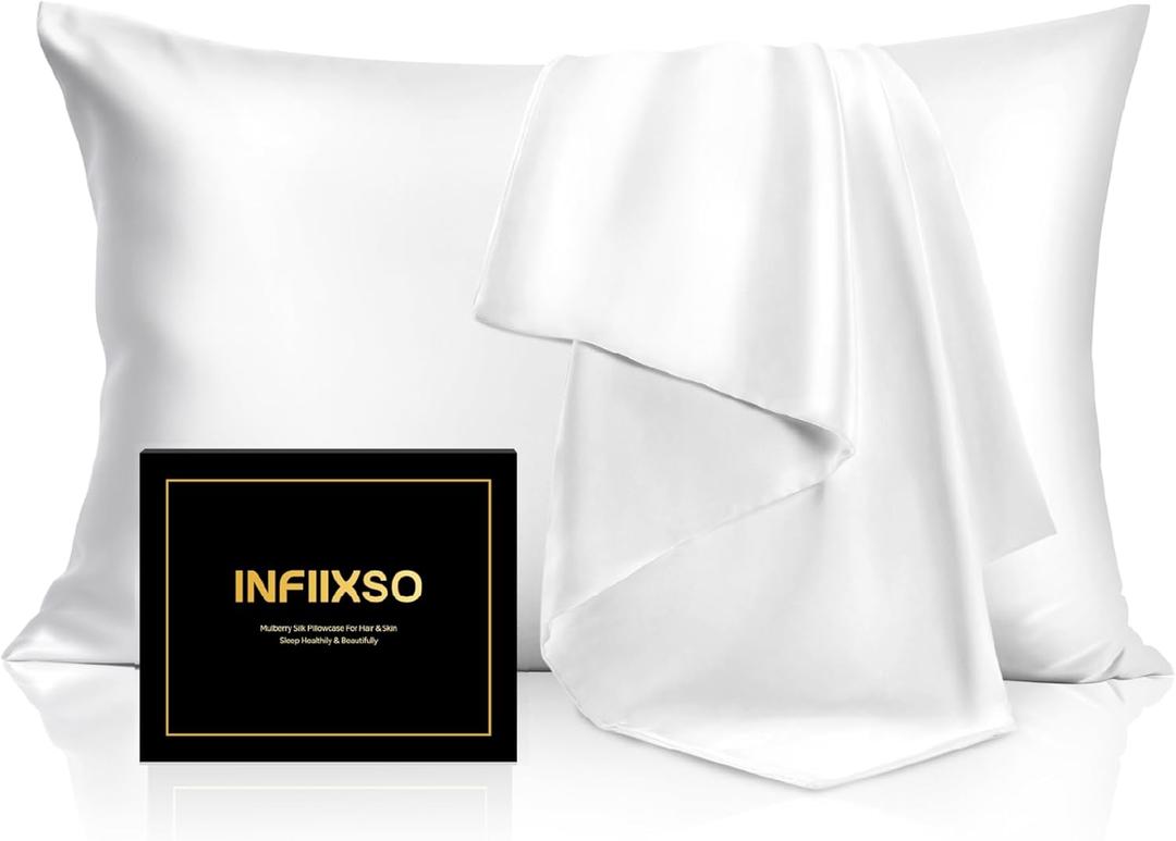 INFIIXSO Mulberry Silk Pillowcase for Hair and Skin, Silk Pillow Cases Standard Size with Hidden Zipper 20x26 Inches, Extraordinary Smooth and Soft Cooling Pillow Cases for Hot Sleepers(White, 1 Pack)