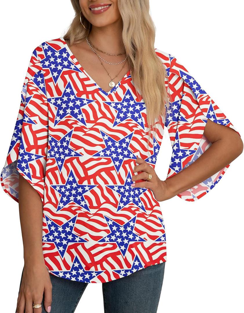 Jouica Women's 3/4 Ruffled Sleeve Blouses Summer Chiffon Casual Loose Tops | Batwing Sleeve,Business,Casual,Flowy,Chiffon Blouse,3/4 Ruffled Sleeve,Lightweight Tops,Elbow Sleeve,Batwing (M)