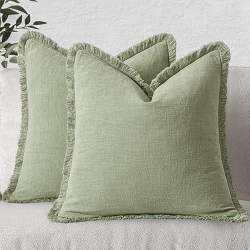 MIULEE Decorative Throw Pillow Covers Neutral Linen Fringe Throw Pillows Set of 2 Sage Green Boho Farmhouse Cushion Covers with Tassels for Couch Sofa Bed Living Room Spring Home Decor 18x18 Inch
