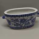 Blue and White Ceramic Planter Pot Vintage Floral Oval Cachepot Vase for Indoor Plants, Flowers & Succulents Glazed Chinese Porcelain Style Decorative Bowl 10.6" Size No Drainage