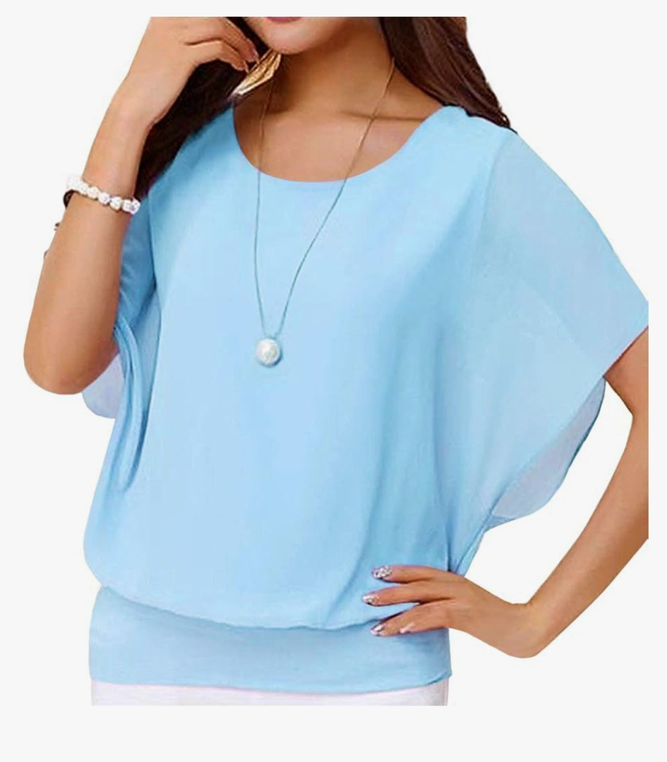 Neineiwu Women's Summer Loose Casual Short Sleeve Chiffon Top T-Shirt Blouse Size XL, Light Blue