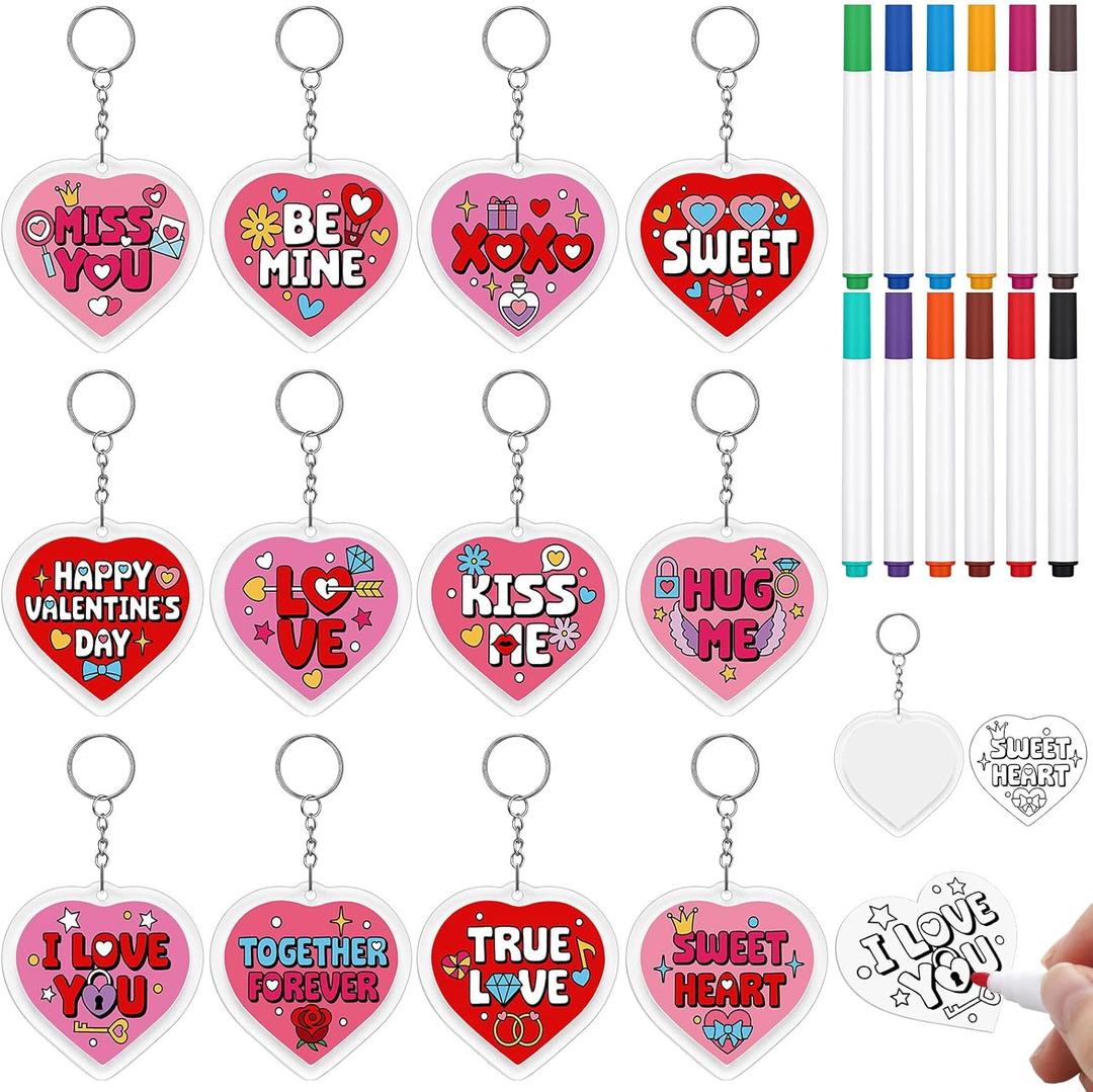 Cunno 36 Pcs Valentine Keychains Crafts, Color Your Own Keychains, DIY Valentines Crafts for Adults, Heart Craft Making Kit, Art Supplies Activity for Classroom Exchange School Party Favors, 12 Styles