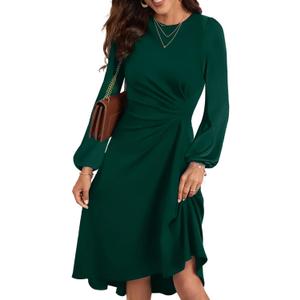Happy Sailed Women's Long Sleeve Ruched Waist Flowy A Line High Low Midi Cocktail Party Dress (Green, XL)