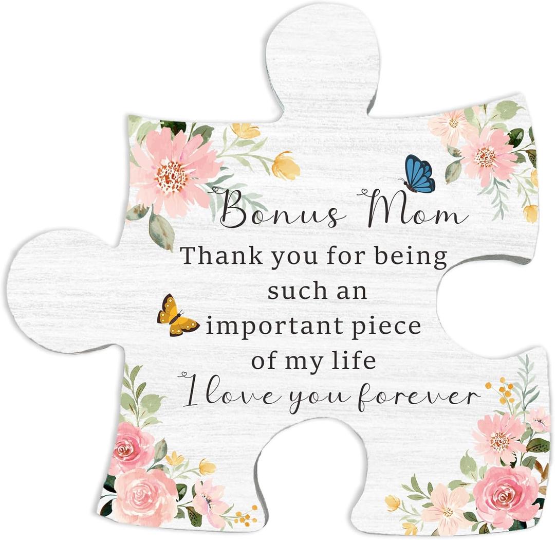 3 x Gifts for Bonus Mom from Daughter Son, Bonus Mom Puzzle Piece Gift, Mothers Day Gifts, Gifts for Mom, Stepmom Birthday Gifts, New Mom Gifts, Wood Plaque Sign Gift Ideas for Stepmother