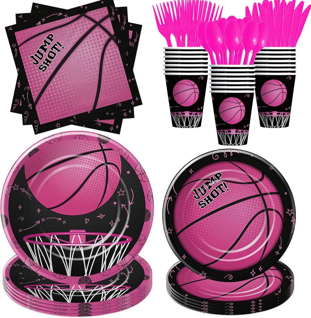 APOWBLS Girl's Basketball Party Decorations Supplies for Birthday Baby Shower, Sports Theme Pink Basketball Birthday Decorations Tableware, Paper Plate, Cup, Napkin, Disposable Cutlery, Serves 24