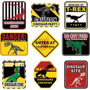 Blulu 9 Pcs Dinosaur Birthday Decoration Jurassic Paper Signs Jurassic Theme Decor Party Favors Beware of Dinosaur Crossing Sign Wall Poster for Kids Birthday Halloween Props