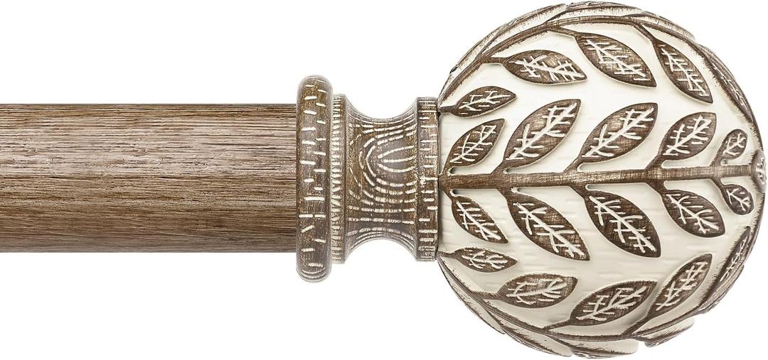Boho Wood Curtain Rod 36-60 Inch, Decorative 1 Inch Adjustable Heavy Duty Curtain Rods for Windows, Rustic Window Treatment Rods with Handmade Imitation Weathered Wood Grain Leaf Finials