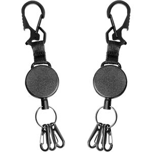 DELSWIN Retractable Keychain Heavy Duty - Retractable Key Holder Key Ring with Carabiner, ID Badge Clip Reel with Steel Cord, Clasps for Janitor Office Work, Bearing 8.0 oz (Pack of 2) (Black)