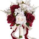 9 Inch Burgundy Wedding Bouquets for Bride Bridesmaid, Dark Red White Champagne Artificial Fake Roses Flowers Bridal Bouquet Winter Fall Boho Rustic Wedding Decoration Toss Bouquet Prom