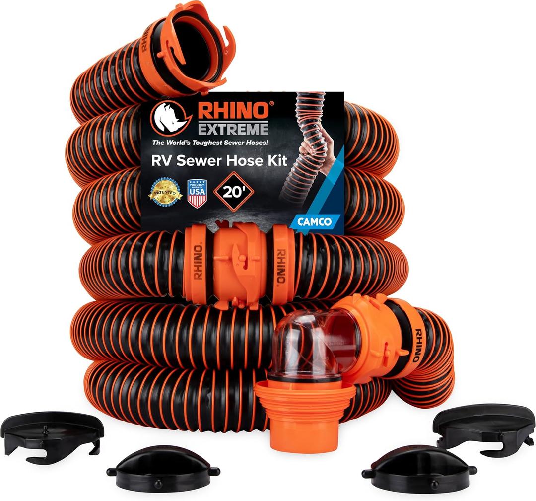 Camco RhinoEXTREME 20' RV Sewer Hose Kit Premium Sewer Kit Pre-Assembled & Ready-to-Use Includes 4-in-1 Dump Station Adapter & Storage Caps Crush & Abrasion Resistant (21012)