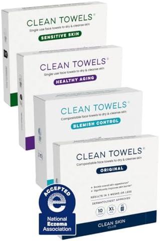Clean Skin Club Clean Towels® XL Variety 4-Pack Travel Set, Disposable Face Towels, Includes Original, Sensitive, Blemish Control & Healthy Aging, 40 Count Total, 10 Each