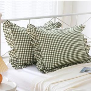 Sage Green Plaid Ruffle Pillow Shams Standard Set of 2,Vintage Checkered Washed Cotton Bed Pillow Covers-20 x26