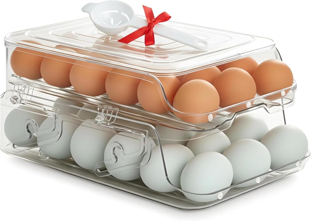 BPA Free Egg Holder for Fridge  Foldable 1 Tier or 2 Tier Design  (36/18) Egg Organizer for Refrigerator, No Eggs Cracking, Clear & Durable Plastic, Includes Gift: Egg Separator