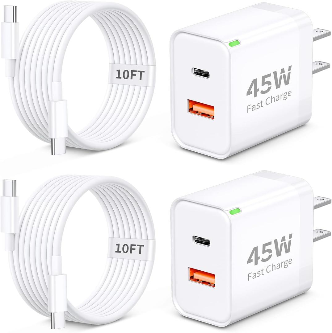 45W iPhone 17 Fast Charger, 2 Pack 45W 2-Port Type C Wall Charger Block with 10FT Long USB-C to C Cable Fast Charging for iPhone 17/17 Pro/17 Pro Max/Air/16/15/Pro Max/Plus, iPad Pro/Mini/Air