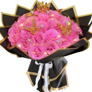 Pink Glitter Roses Bouquet, 24 Pcs Shiny Glitter Flowers Bouquet, Everlasting DIY Artificial Roses Bouquet for Christmas, Birthday, Anniversary, Wedding, Engagement
