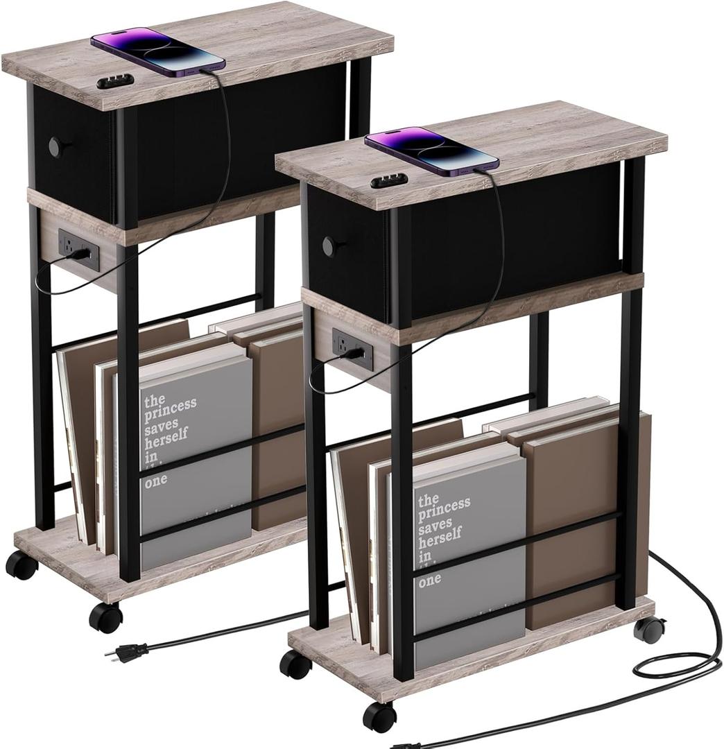 Side Table Set of 2,Side Table with Charging Station and Drawer, Narrow End Table with USB Ports and Outlets for Small Space, Living Room, Bedroom and Office, with 4 Wheels (Green)