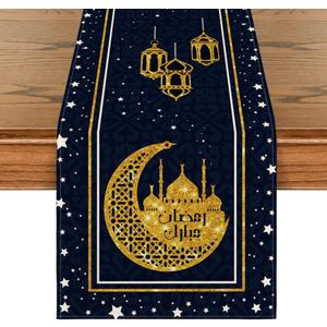 Artoid Mode Black Moon Star Gloden Ramadan Table Runner, Seasonal Summer Holiday Kitchen Dining Table Decoration for Home Party Decor 13 x 72 Inch