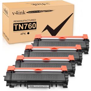 v4ink 4PK Compatible TN760 Toner Replacement for Brother TN760 TN-760 TN730 TN770 Toner Cartridge for Brother HL-L2350DW HL-L2390DW HL-L2395DW HL-L2370DW MFC-L2710DW MFC-L2750DW DCP-L2550DW Printer