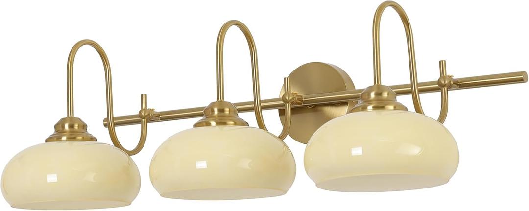 KCO Lighting Brushed Gold Gooseneck Sconce Mid Century Modern Bathroom Vanity Light Vintage Brass Wall Sconce 3 Light Glass Vanity Light, 29.5" x 14" x 9.6"