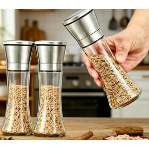 Glass Salt and Pepper Grinder Set of 2 - Manual Adjustable Coarseness Refillable Mills with Ceramic Core, 190ML Large Capacity, Stainless Steel Top Clear Glass for Kitchen Cooking & BBQ