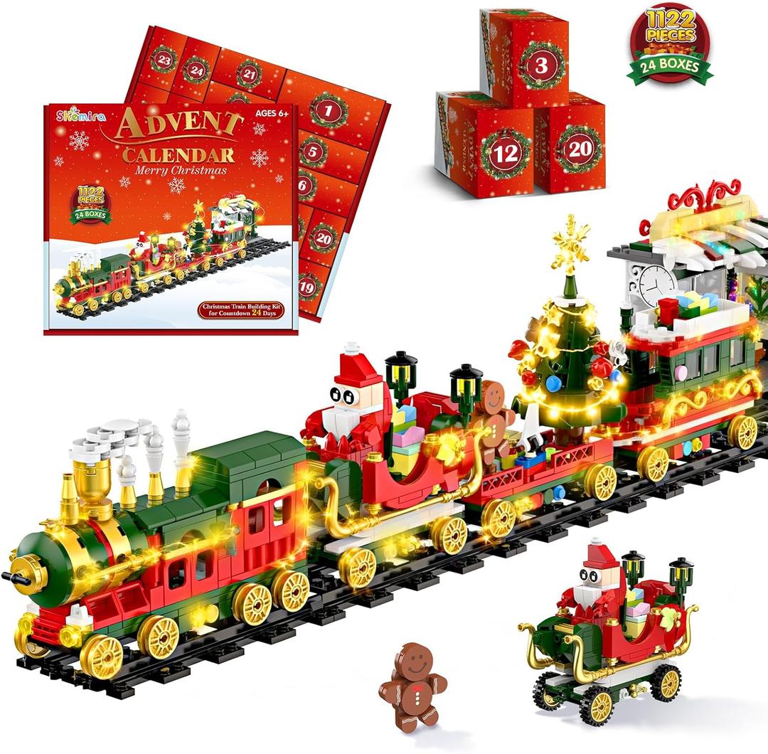 Advent Calendar 2025 Kids Boys Adult, 1122 PCS Christmas Train Building Toy Set with Led Lights, 24 Days Christmas Countdown Train Building Blocks Toy Set, Ideal Xmas Gift for Teen Boy