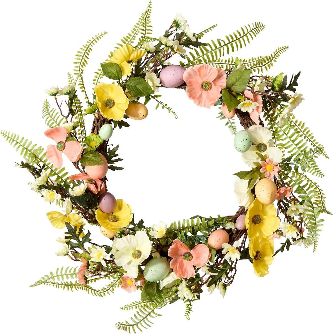 National Tree Company 22 in. Ferns and Flowers Easter Wreath, Artificial Spring Wreath with Pastel Easter Eggs, Indoor or Covered Outdoor Décor