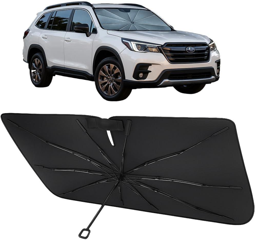 Proadsy Windshield Sun Shade Umbrella for Subaru Forester 2019-2025 Foldable Car Umbrella Sunshade with Soft TPU Handle Spring Structure Crystal Cooling Material Protect Car from Rays & Heat