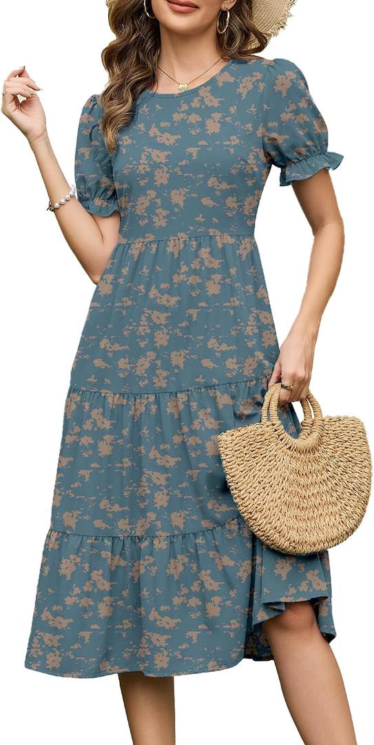 Bosmeer Sundresses for Women Short Puff Sleeve Casual Midi Boho Floral Flowy Summer Dresses, Medium