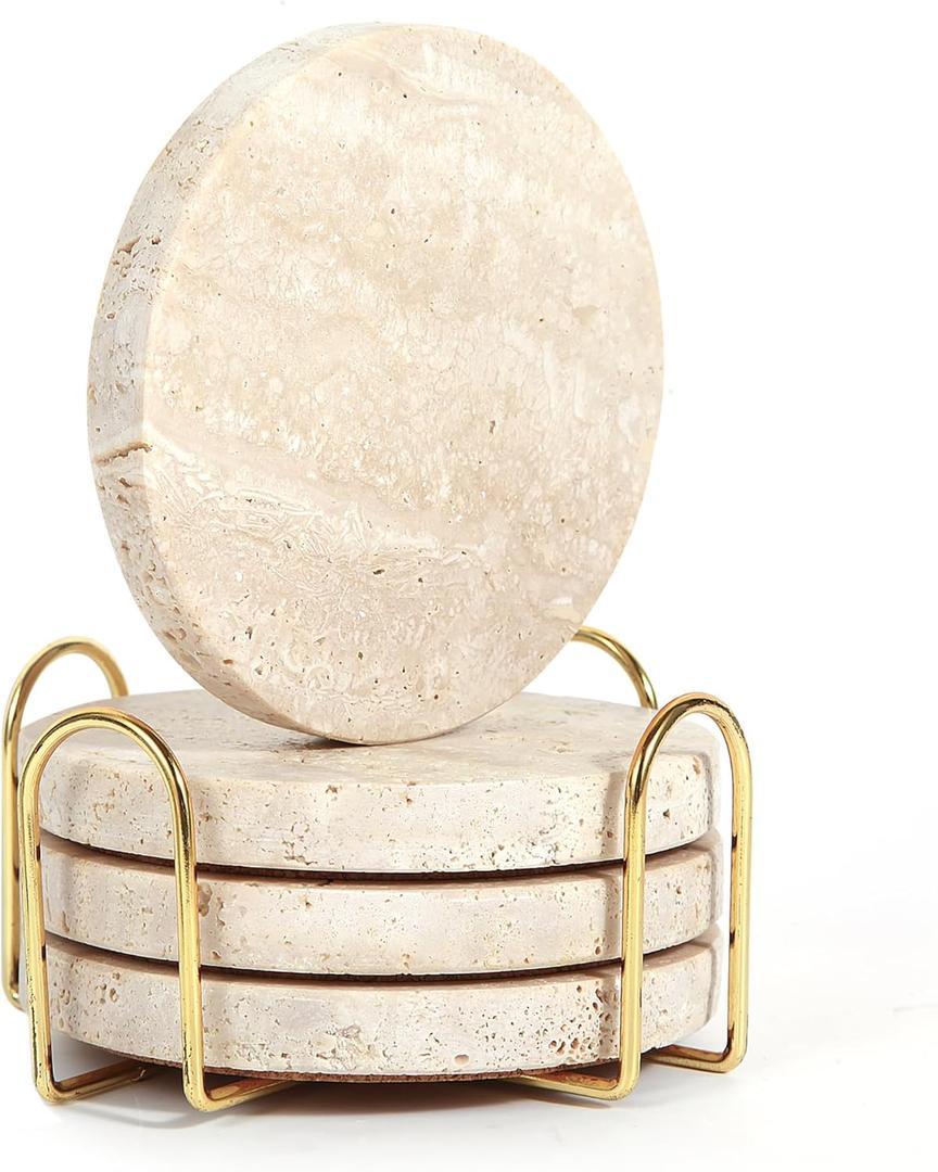 4Pcs Travertine Coasters with Nature Limestone Material and Gold Metal Holder, 4Diameter Round Shape Bar Coasters Set with Cork Pad for Housewarming Christmas Birthday Gift